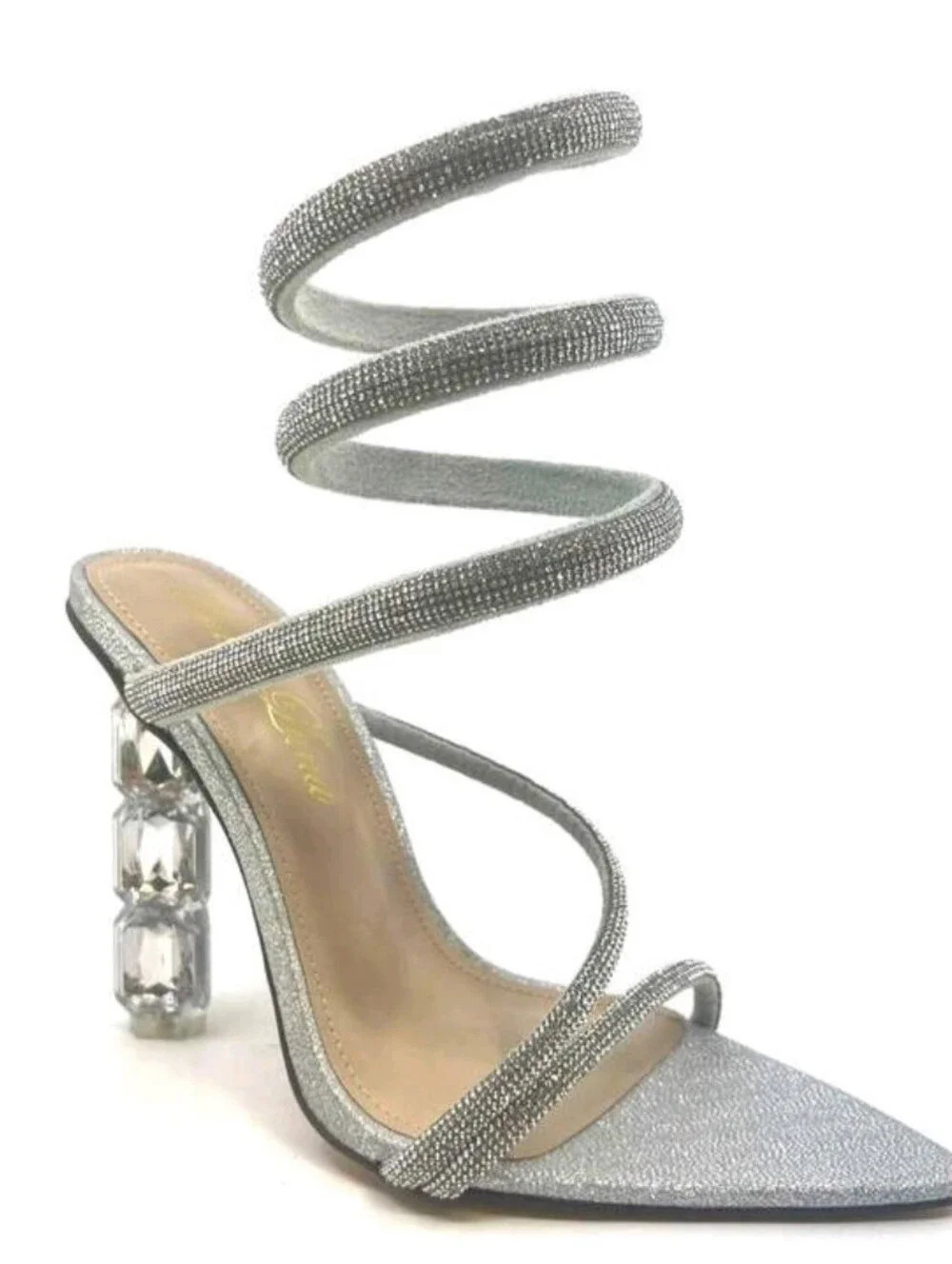 Silver Strappy Crystal Block Heel Sandals